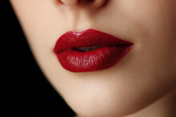 Close-Up of Woman's Lips with Bold Red Lipstick