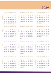Wall calendar for 2026 with all months in columns on one page. Vector illustration on white background for school, office, printing with space for logo at the top and contacts at the bottom.