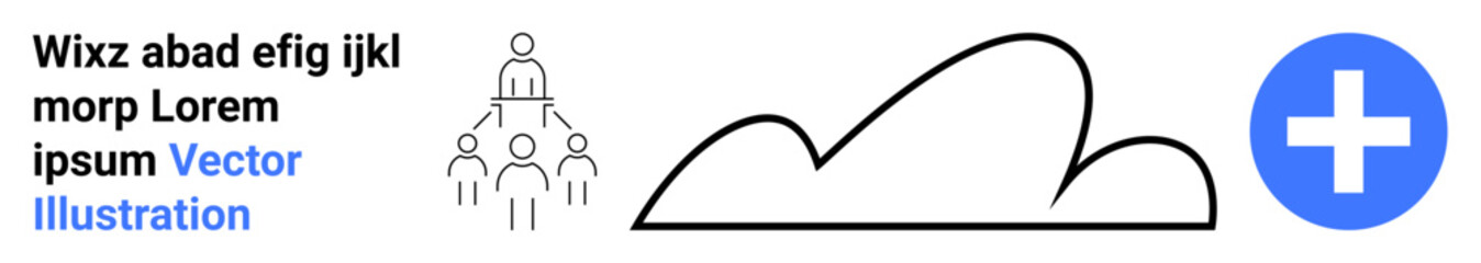 Group of people under hierarchy outline, cloud icon, and blue medical cross. Ideal for teamwork, technology, cloud storage, leadership, healthcare, innovation simple landing page