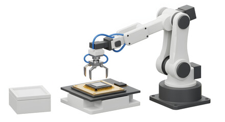 Robotic arm assembling chips, symbolizing advanced automation