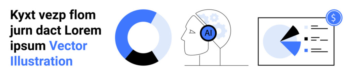Circular chart, human profile with AI concept, and data on a screen. Ideal for innovation, technology, analytics, business strategy, education, research and simple landing page