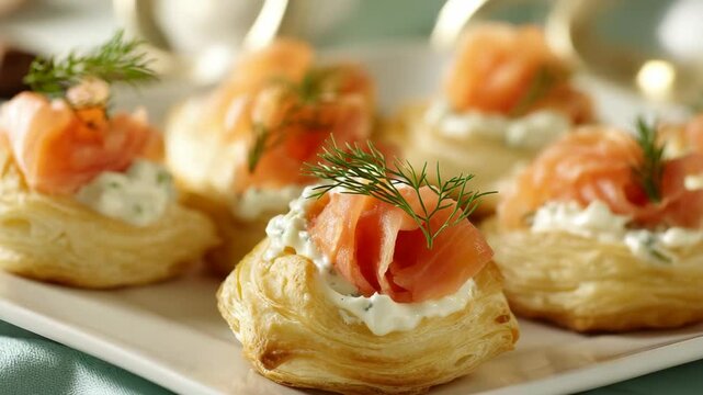 Elegant salmon canap&eacute;s with creamy cheese and dill served on a white plate, perfect for appetizers or catering events