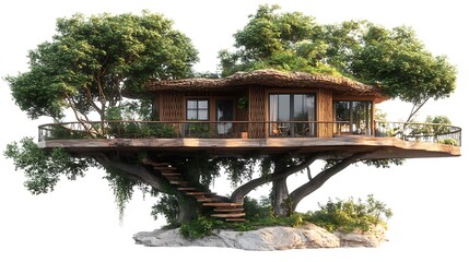 Stunning Treehouse Retreat Above Ground With Lush Greenery High Resolution Photo