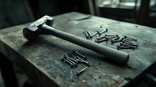 A heavy hammer and nails on a rustic workbench.