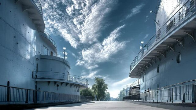 Symmetrical view of large, docked ships on a concrete promenade under a sunny sky with dramatic cloud formations