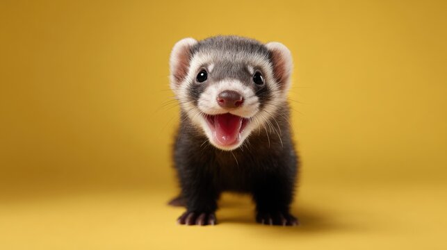 Adorable Happy Ferret on Yellow Background - Studio Shot