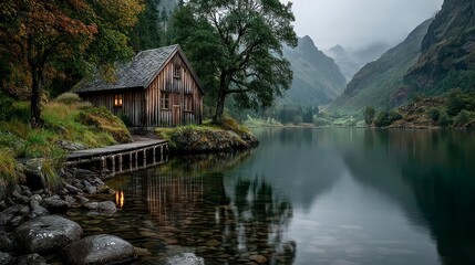 Obraz premium Secluded Cabin by the Lake A Serene Retreat Amidst Natures Splendor Surrounded by Lush Fores