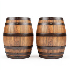 Obraz premium Classic wooden barrels shine against a clean white backdrop, showcasing their rustic charm and timeless appeal.