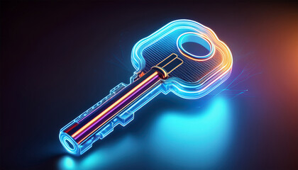 a glowing neon key symbol against a dark background representing security access or unlocking potential