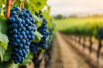 Naklejka premium Ripe blue grapes hanging in vineyard at sunset: warm sunlight illuminating lush vines
