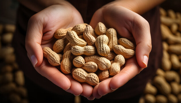 hands holding unshelled peanuts highlighting natural texture and earthy tones