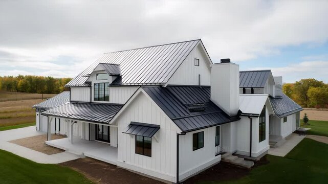 Aerial view of large modern farmhouse exterior featuring white board and batten siding and black metal roof during autumn
