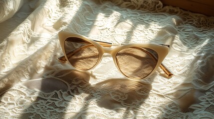 Stylish cream-colored sunglasses on delicate lace fabric.