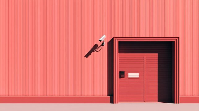 Security Camera on Coral Wall with Red Door - Minimalist Stock Photo