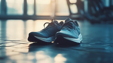Pair of light gray athletic shoes on a tiled floor.