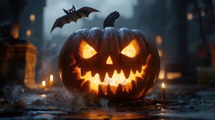 Fototapeta premium Glowing carved pumpkin, Halloween decoration, spooky ambiance.