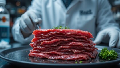 Stack of Raw Beef Slices in Laboratory Setting