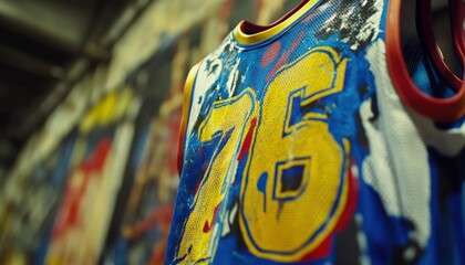Fototapeta premium Close Up Of A Colorful Vintage Jersey With Number 76 Displaying Retro Sportswear Aesthetic