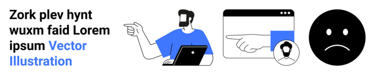 Man using laptop and gesturing. Browser interface with pointing hand, profile icon, and large sad face emoticon. Ideal for communication, emotion, feedback, technology, online usage interaction