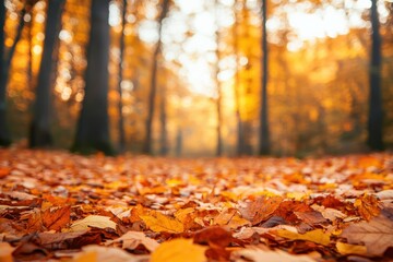 Fallen autumn leaves covering forest floor with blurred trees