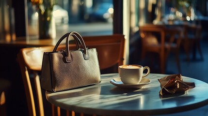 Stylish handbag and coffee on a cafe table in the sunlight.