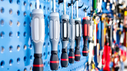 multiple screwdrivers are displayed on a blue pegboard wall