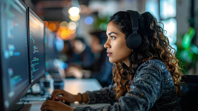 Female Ethical Hacker Focused on Coding in Modern Tech Workspace