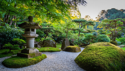 Fototapeta premium serene japanese zen garden with a natural stone lantern surrounded by lush greenery and moss covered boulders