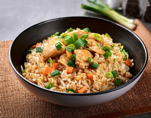 delicious bowl of chicken fried rice with vegetables garnished with green onions
