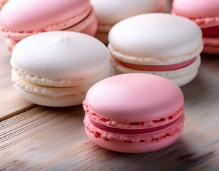 Obraz premium pastel pink and white macarons on a wooden table pastel colors dessert pastel colors