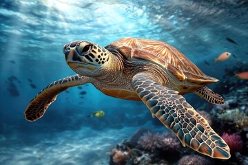 Obraz premium Turtle in nature - slow reptile, shell creature, aquatic wanderer, peaceful mover, ancient species, gentle swimmer, coastal dweller, steady traveler, marine being, quiet observer.