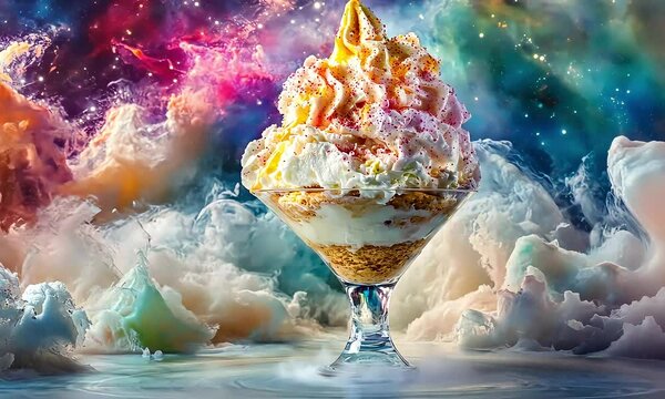 Dreamy Dessertscape: A Sweet Treat Floating Among Cosmic Clouds