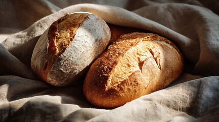 Artisan bread loaves sit on textured linen cloth.