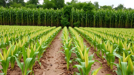 Naklejka premium field of young corn in the period of throwing volost. even rows. Healthy plants