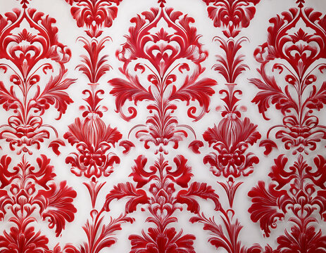 Fototapeta vintage red and white wallpaper featuring a damask pattern on a retro white background
