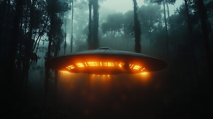 Mysterious flying object hovering in a misty forest.