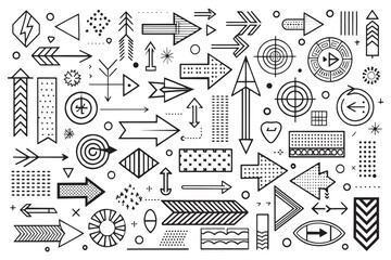 A series of abstract black and white arrows solid, dashed, and dotted, geometric shapes, lines, and patterns, icon set