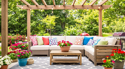 stylish outdoor patio setting under a wooden pergola with string lights and colorful cushions