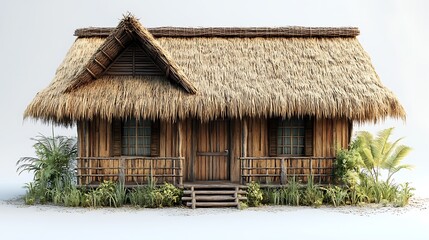 Tropical Thatched Roof Hut Exterior With Wooden Facade And Lush Greenery High Resolution Photo