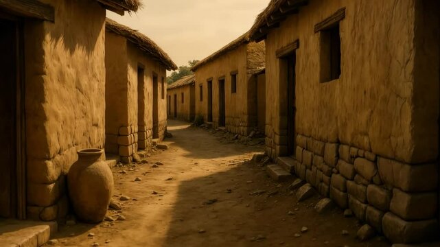 Ancient Iberian street lined with mud-brick houses and clay jars