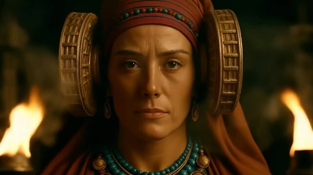 Cinematic portrait of Iberian woman in Dama de Elche style under torchlight