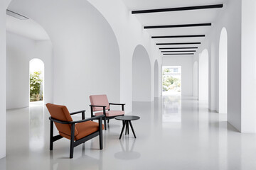 Obraz premium two modern armchairs in a bright white minimalist hallway