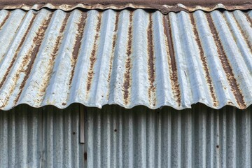 Corroded corrugated metal roofing, showing rusty discoloration and ribbed texture