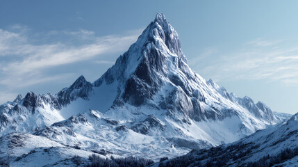 Obraz premium Majestic snow capped mountain peak rises dramatically against a bright blue sky with light wispy clouds in a breathtaking natural alpine landscape setting.