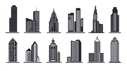 Obraz premium Cityscape icons various skyscraper silhouettes, urban background, architectural design, website illustration