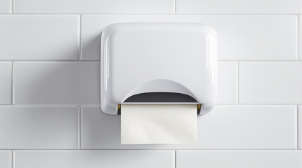 white paper towel dispenser on white tile wall