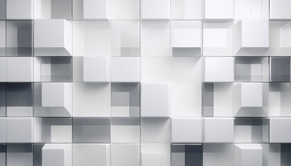 abstract white background featuring layered geometric shapes and glossy squares in white and grey tones