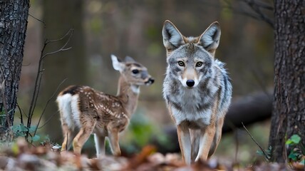 Fototapeta premium A coyote and a fawn stand in a forest, symbolizing wild coexistence and peaceful nature