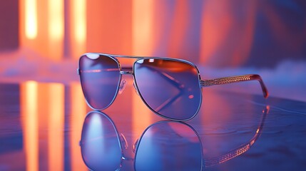 Close-up view of stylish aviator sunglasses reflecting vibrant colors.