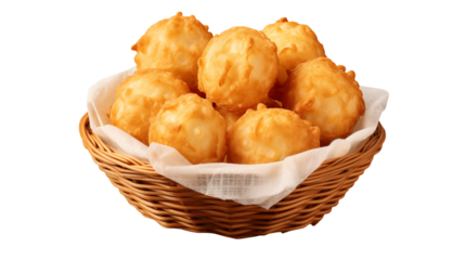 Golden fried dough balls arranged in a woven basket with paper liner isolated on transparent background	